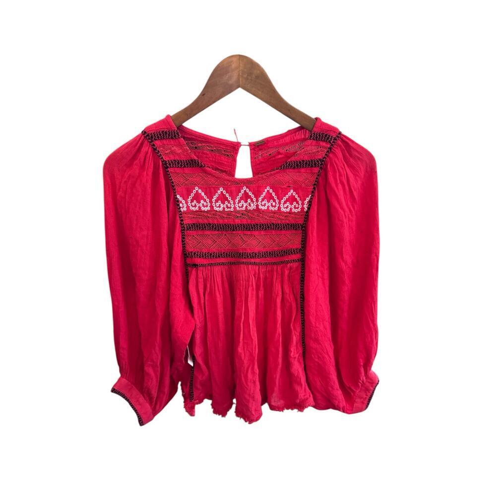 Free People Red Boho Embroidered Lace Peasant Top Women’s Size‎ S